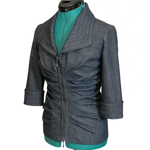 Joseph Ribkoff Womens 30308 Dark Denim Ruched Zip Front 3/4 Sleeve Jacket Size 4 - Picture 3 of 10
